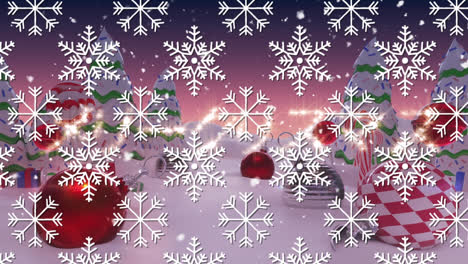 Snowflakes-in-seamless-pattern-against-snow-falling-over-christmas-decorations-on-winter-landscape