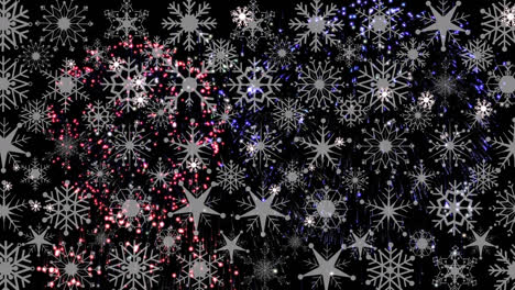 animación de nieve cayendo sobre fuegos artificiales en fondo negro en navidad
