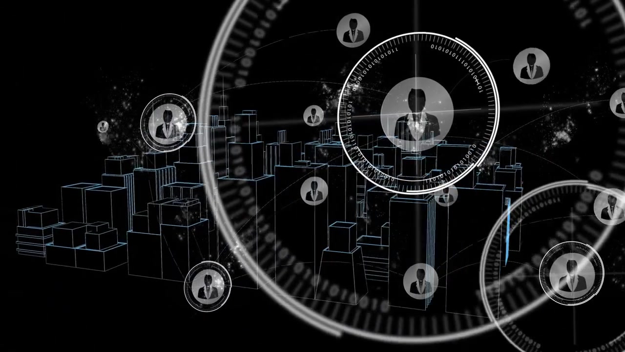 HUD pulsante su modello di città, anelli di avvio che collegano nodi avatar e mappano una rete aziendale.