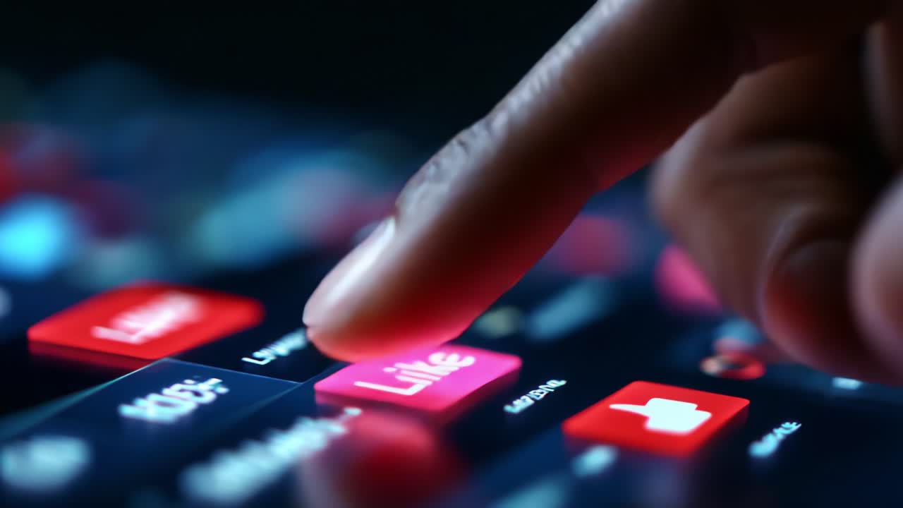 Engaging with Digital Content: The Moment of Interaction Captured in a Close-Up of a Finger Pressing the 'Like' Button on a Touchscreen Display