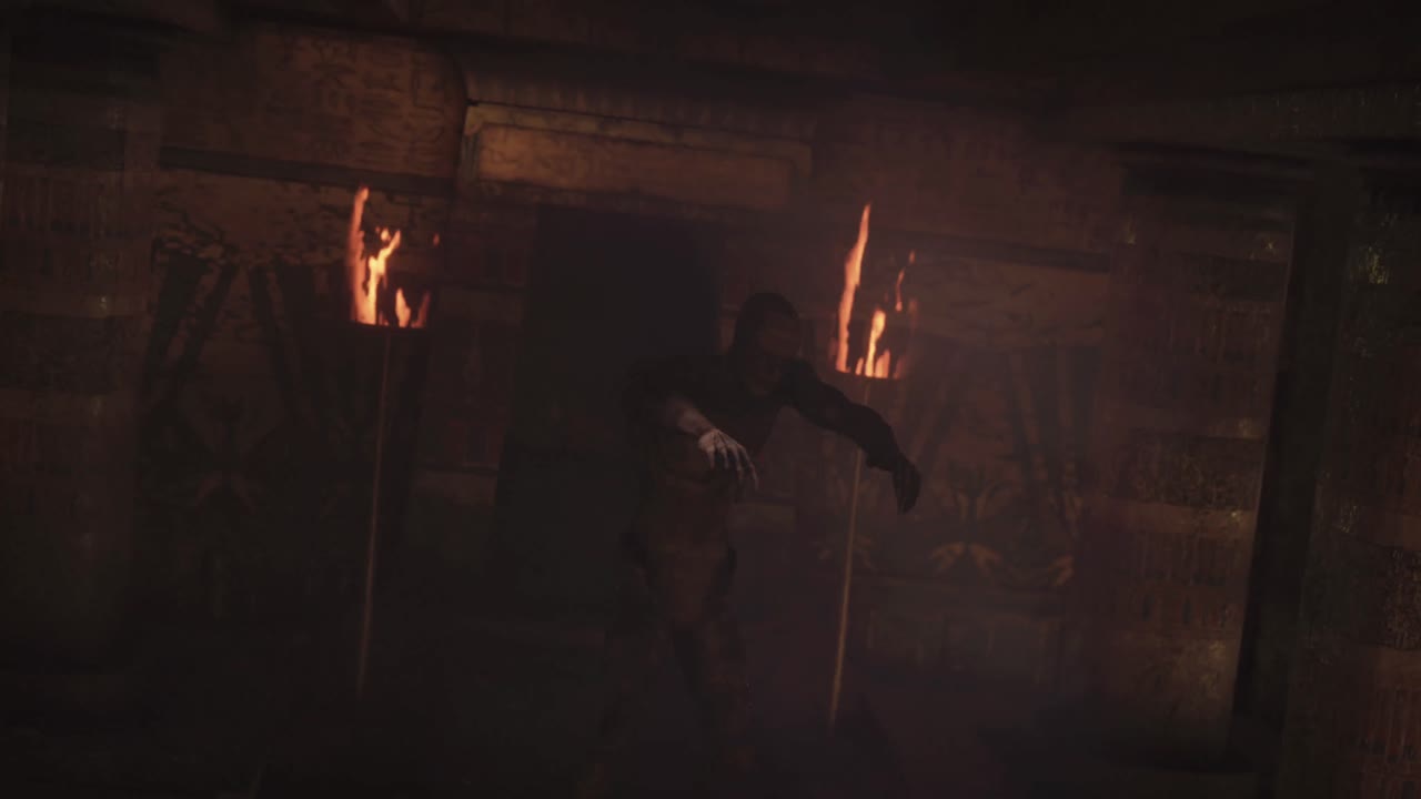 Animation of scary zombie mummy walking around in dark crypt room with burning torches