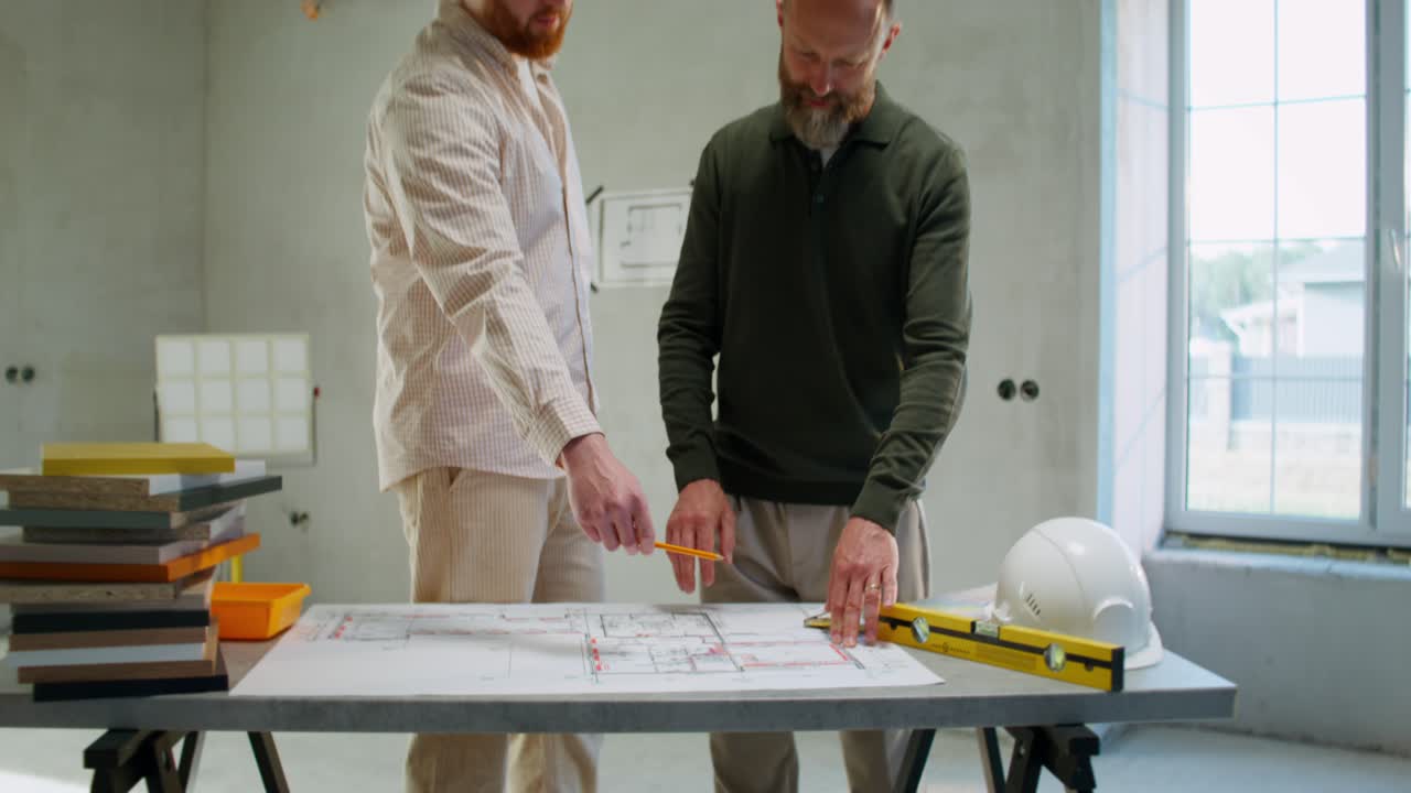equipo de construcción discutiendo los planos de la casa