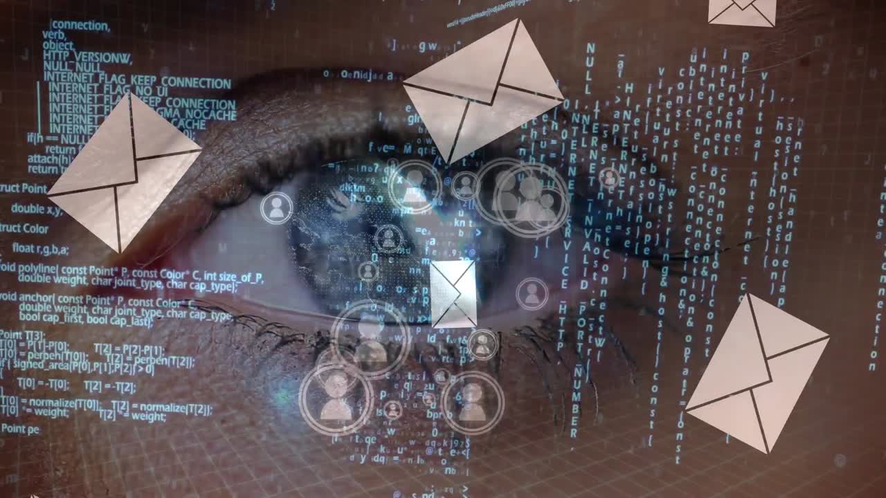 Animazione di elaborazione dati, icone di buste e persone su occhio blu