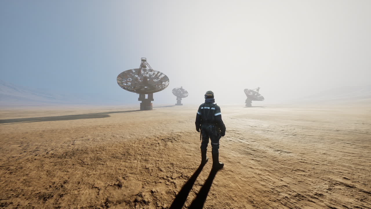 Worker exploring a desolate landscape with satellite dishes under mist