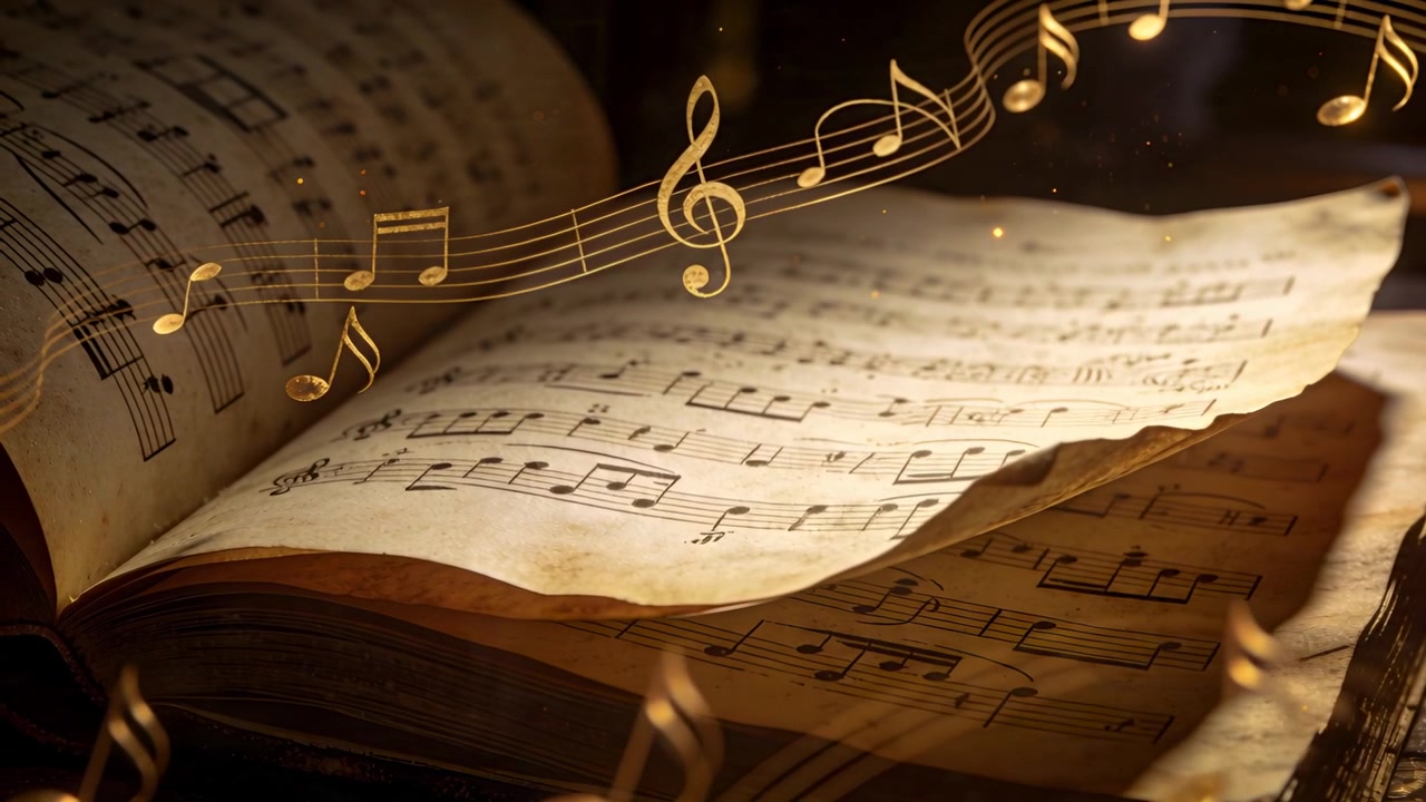 Sollevando una pagina arricciata su un antico libro di musica, una lampada calda proietta luce, mentre pentagramma e note dorate sembrano fluttuare.