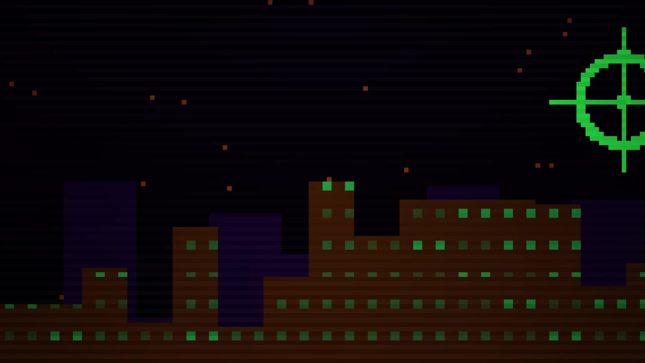 Animated Pixelated Cityscape with Blinking Lights and Moving Target