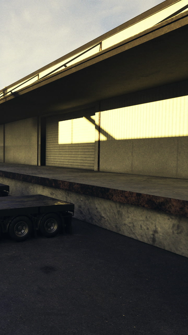 Warehouse loading dock during sunset with long shadows in the evening