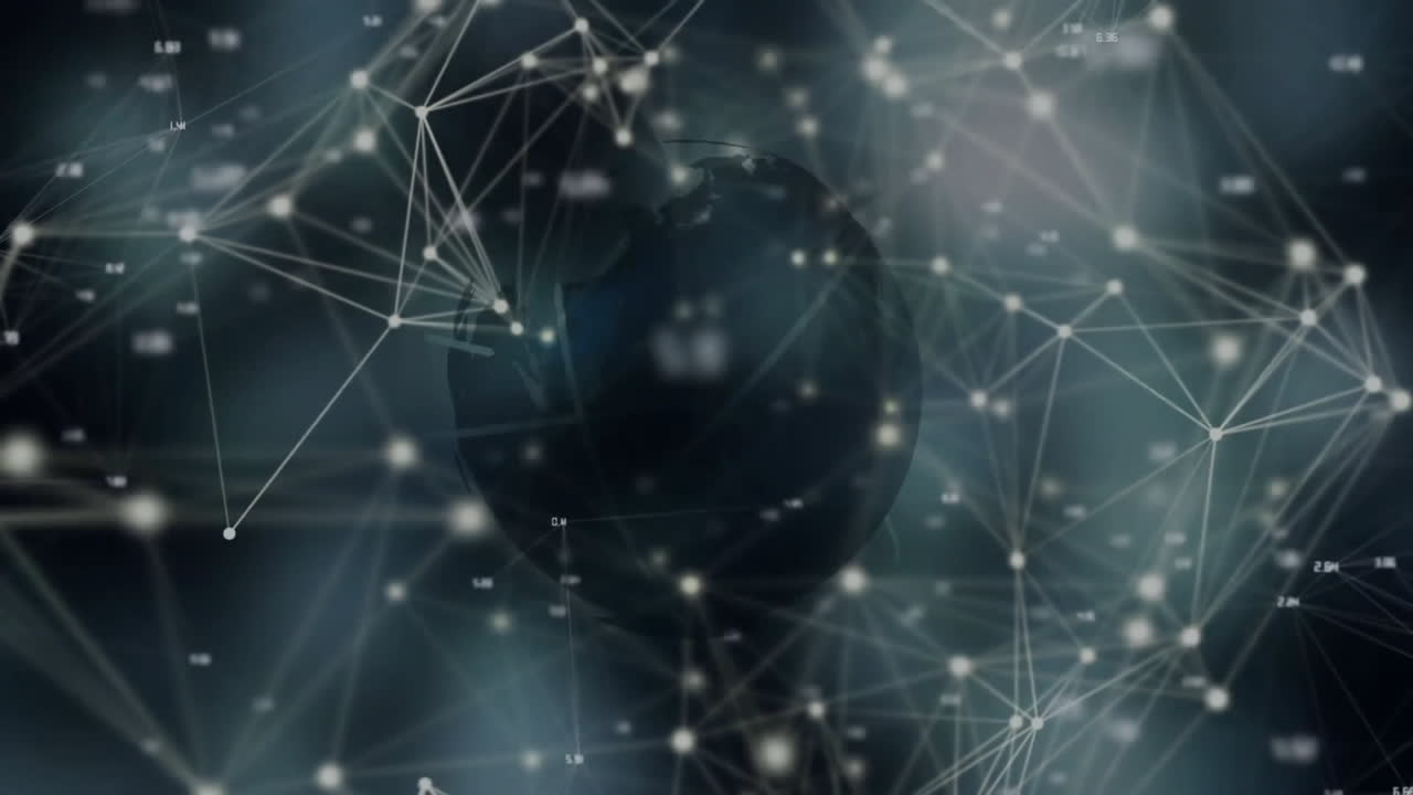 animación de conexiones y procesamiento de datos sobre un fondo oscuro