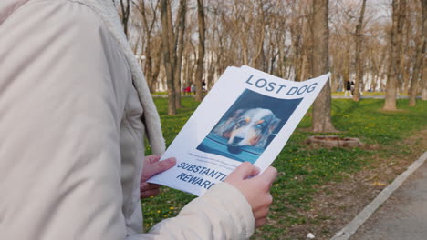 el hombre va por el parque con un cartel de un perro perdido