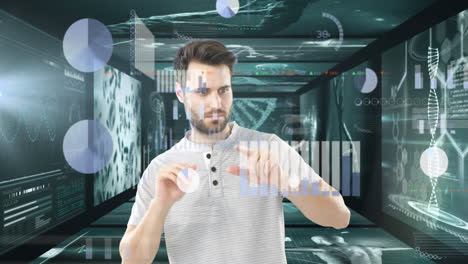 hombre tocando pantalla invisible contra pantallas con procesamiento de datos médicos