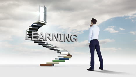 businessman looking at steps made of books with a floating word in the sky