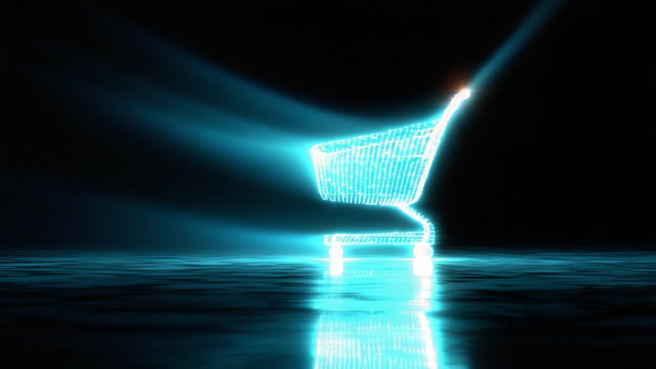 A glowing digital shopping cart seamlessly traverses a dark and reflective surface, symbolizing the merging of technology and retail in a futuristic marketplace environment