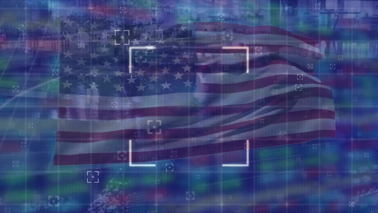 animación del procesamiento de datos financieros sobre la bandera de los estados unidos