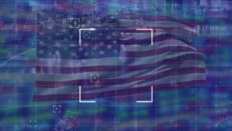 animation of financial data processing over flag of usa