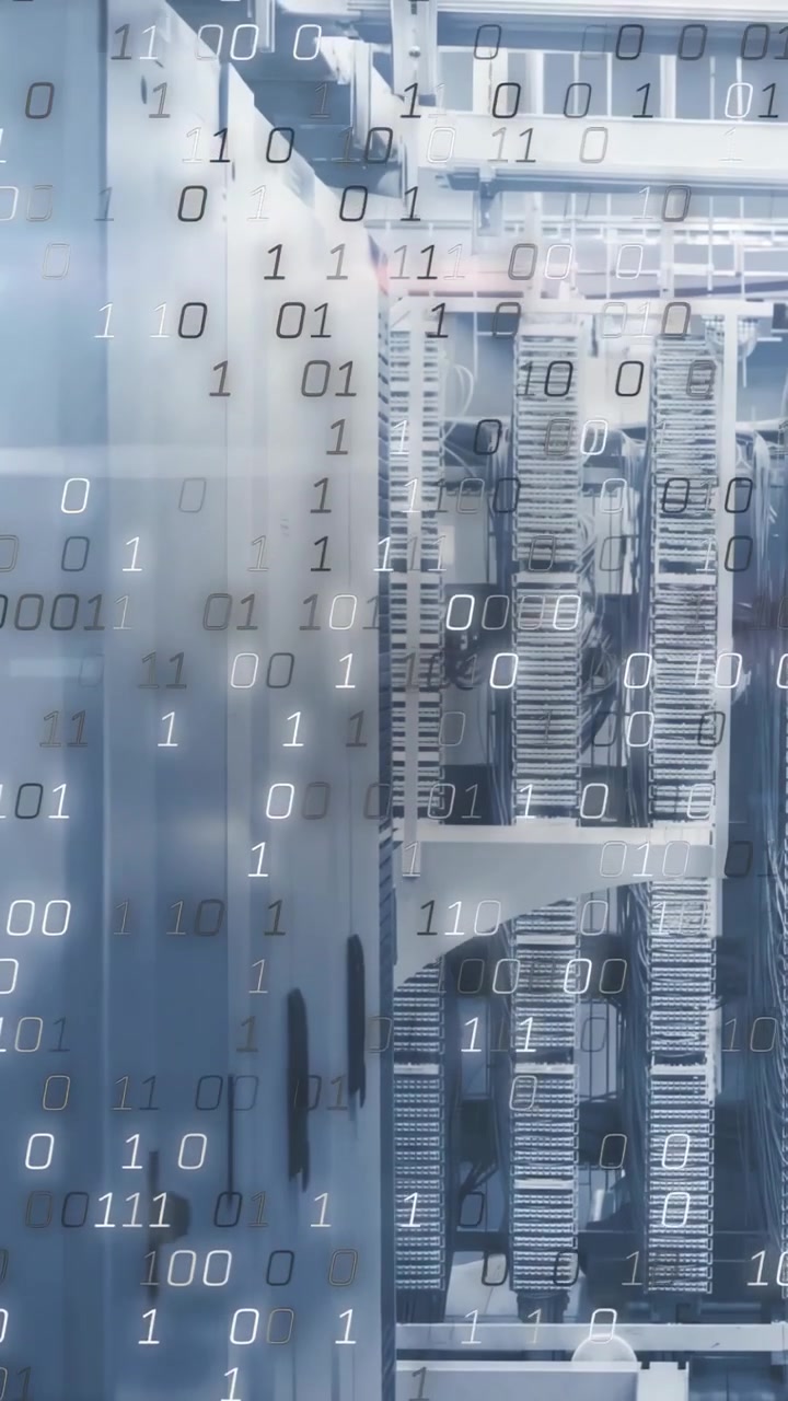 Vertical video: Binary digits appearing, drifting over racks while cam panning zooming showing data