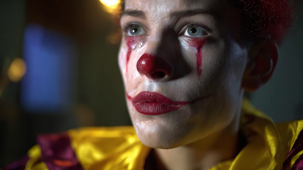 Un intenso primo piano di un clown con naso rosso, trucco con lacrime e costume colorato, che cattura un momento di emozione ed espressione in un'illuminazione drammatica