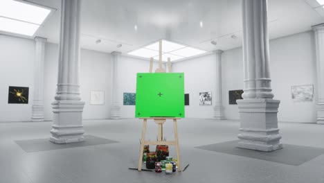 un lienzo de pantalla verde vacío en un caballete en una galería de arte