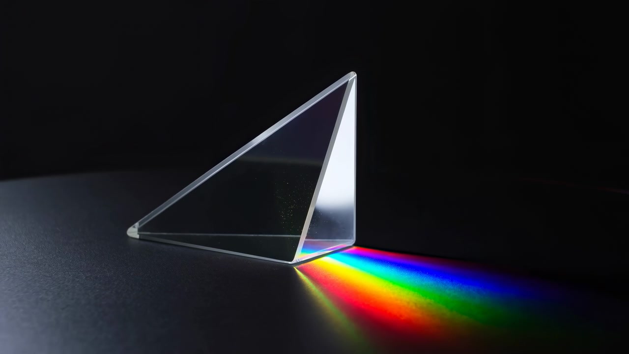 A transparent glass prism sits on a black background, splitting light into a vivid rainbow spectrum across the foreground with strong contrast and clean