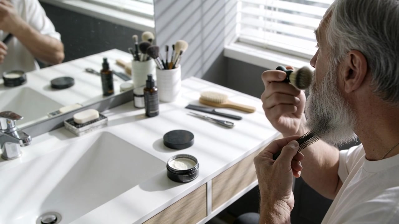 Opening jar, senior man brushing and combing balm to shape beard at vanity, T-shirt, copy space