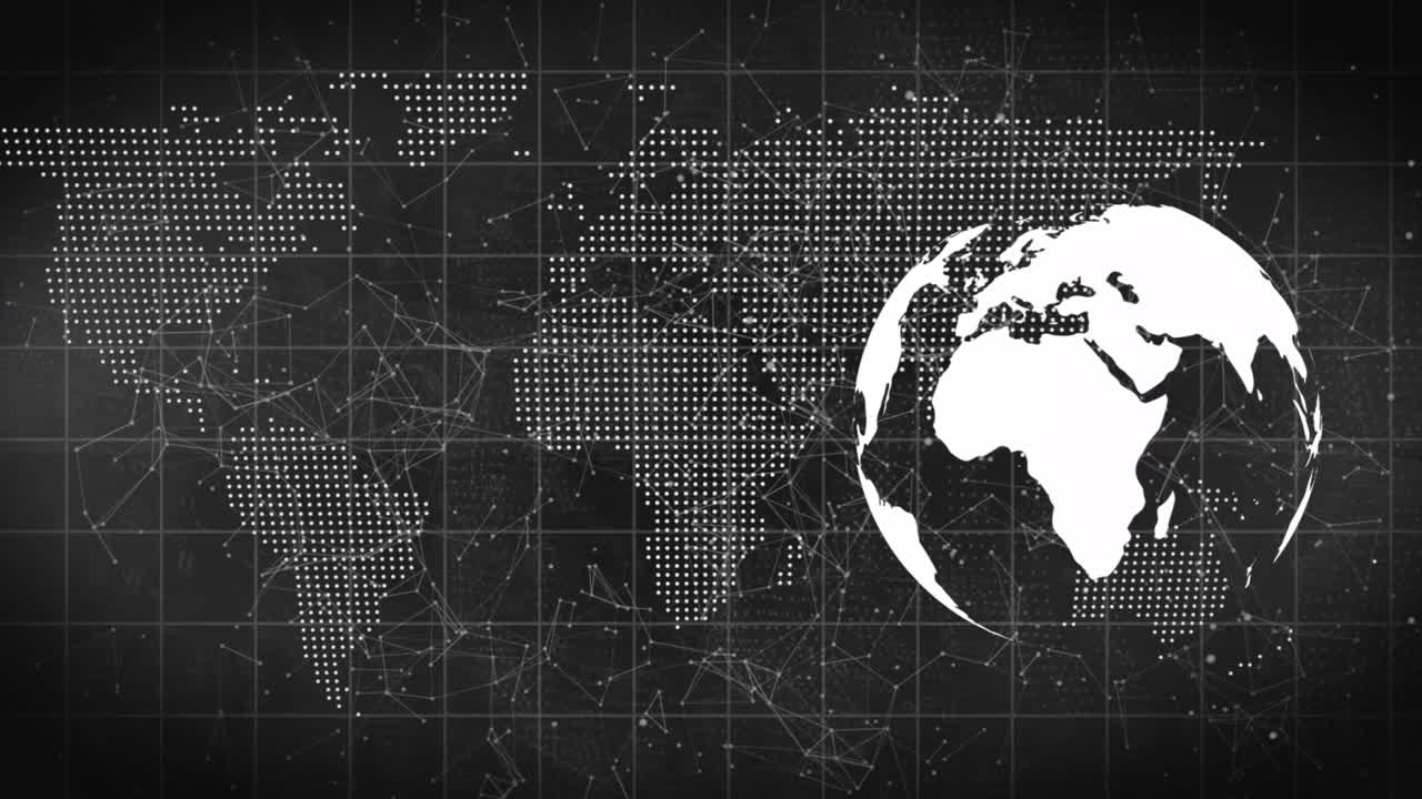 Spinning globe and security chain icon against network of connections on black background