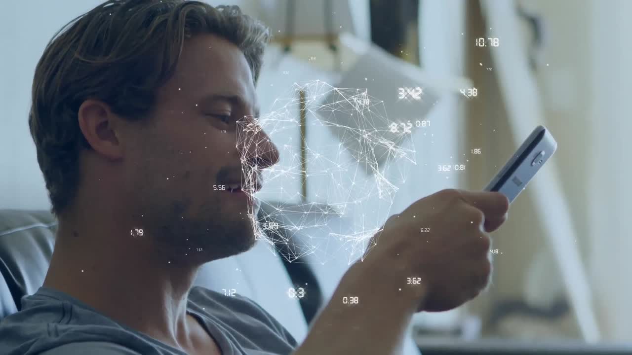 animación del globo digital de conexiones y procesamiento de datos sobre el hombre utilizando un teléfono inteligente