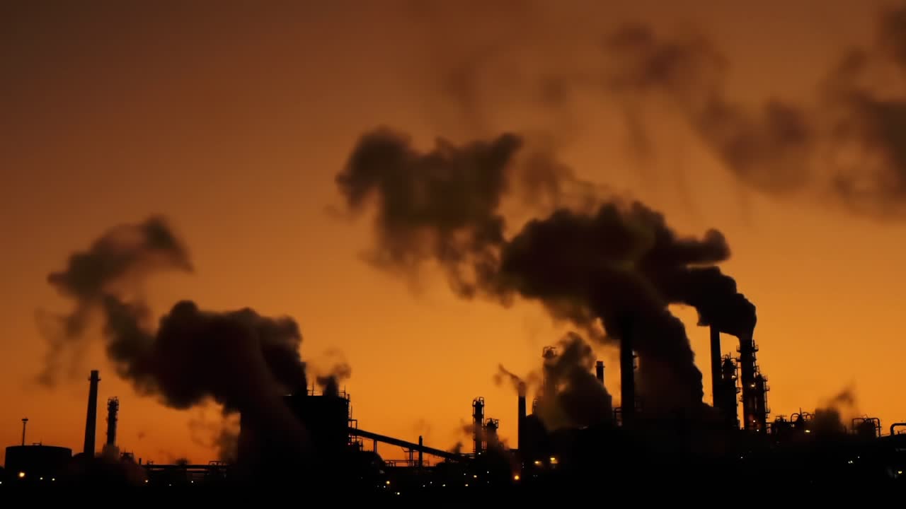A Dramatic Sunset Silhouette of Industrial Facilities Emitting Smoke, Depicting the Impact of Pollution and Urbanization on the Environment