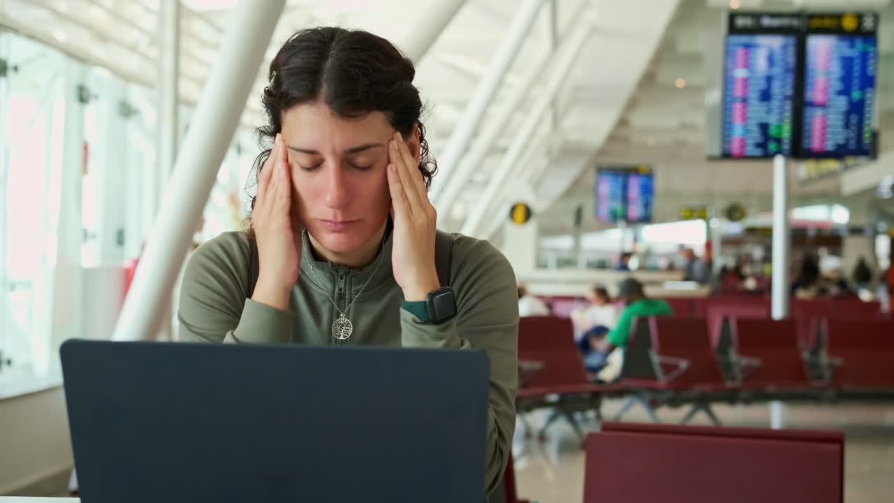 Stressed Woman Working on Laptop in Airport Terminal