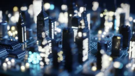 an artistic representation of a futuristic cityscape model on a circuit board, featuring illuminated buildings and complex structure details