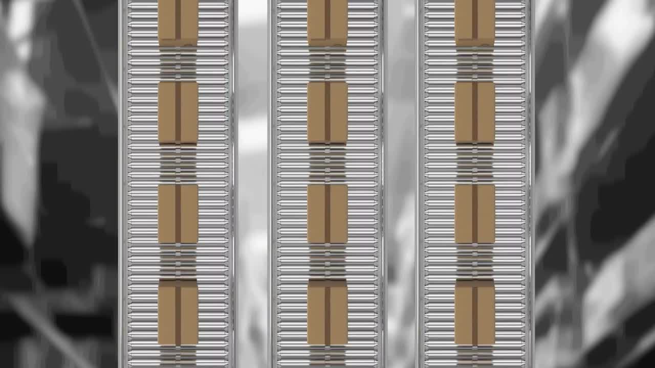 animación de cajas de cartón que se mueven en cintas transportadoras sobre el almacén