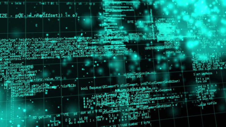 Animation of data processing in green in digital space