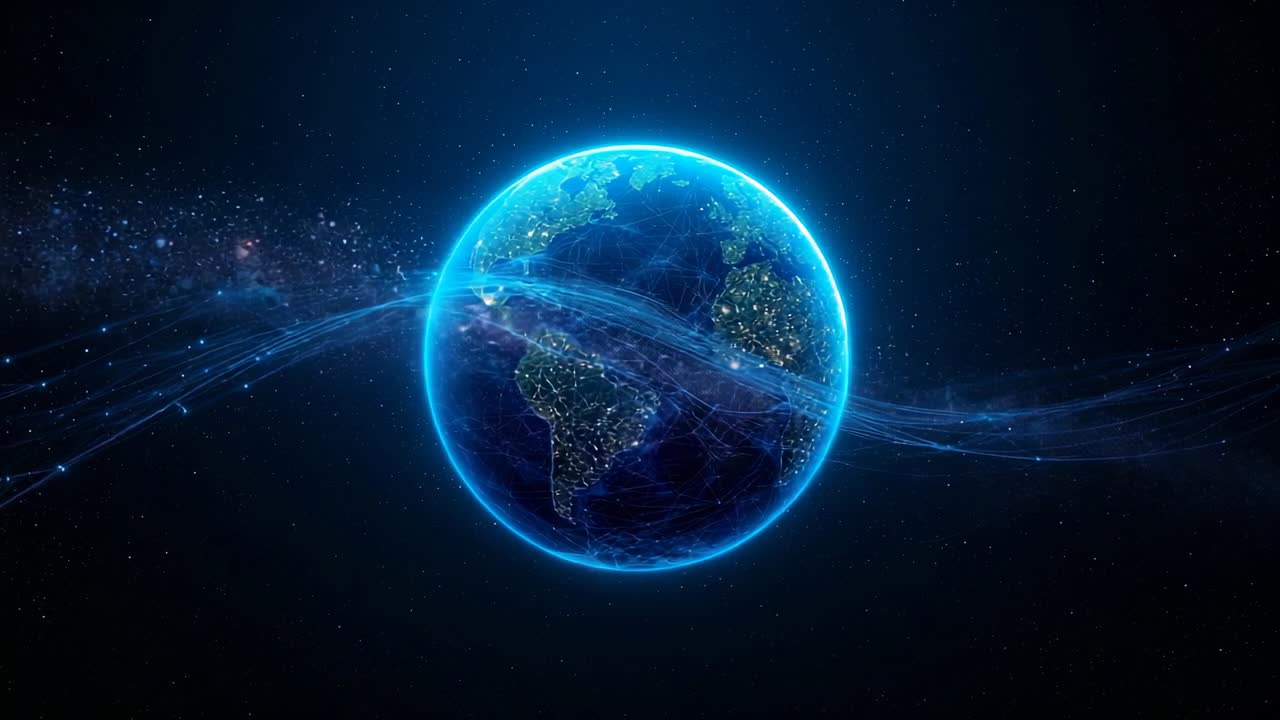 Starting Earth rotating in space, data ribbons streaming and converging over US showing data flow