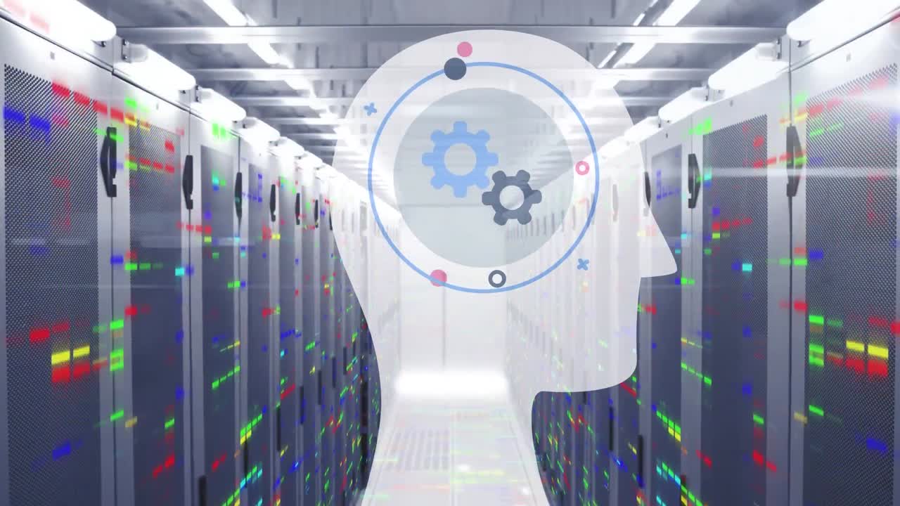Animation of head with cogs and colourful shapes over server room