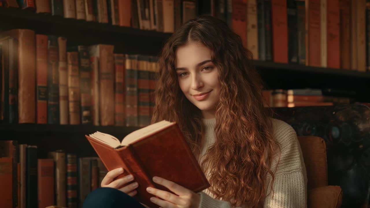 Donna che sfoglia un libro marrone sugli scaffali mentre indossa un maglione di lana e la camera si avvicina, scena rilassante