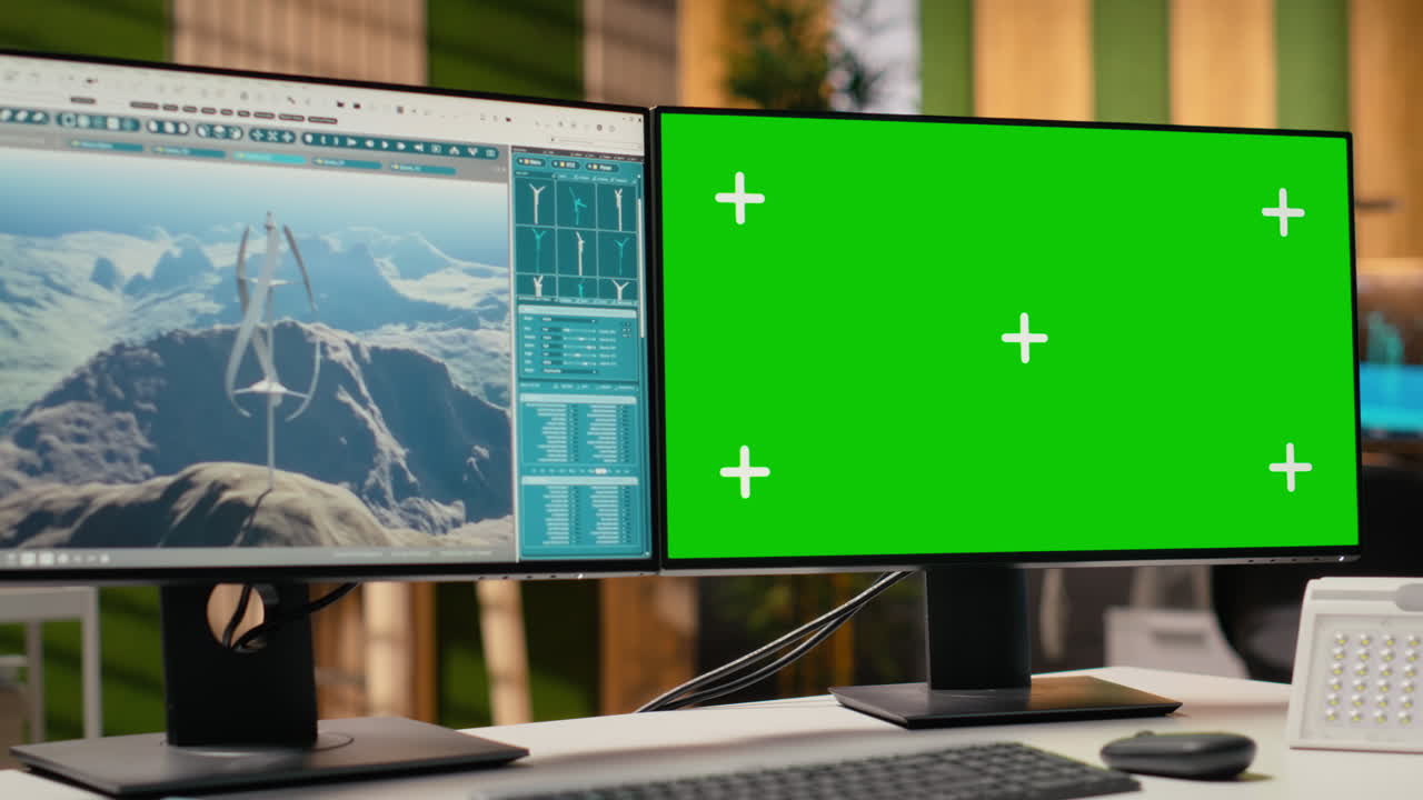 Wind Turbine Simulation On Green Screen Mockup Pc In Rd Office