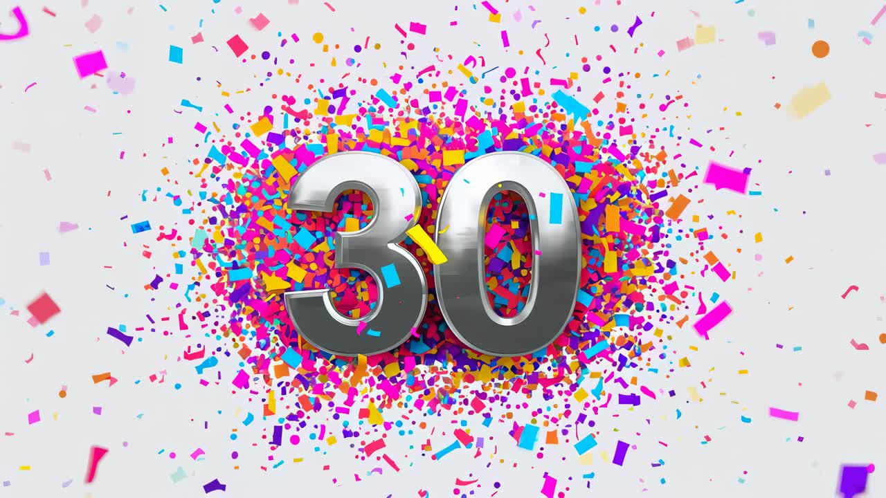 Zooming camera closing on chrome 30 in studio after confetti bursting for magenta cloud close-up