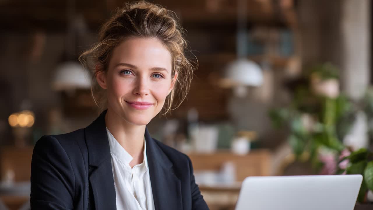 Una giovane professionista sorridente guarda la fotocamera mentre è seduta in un elegante spazio di lavoro, incarnando positività e accessibilità in un ambiente moderno