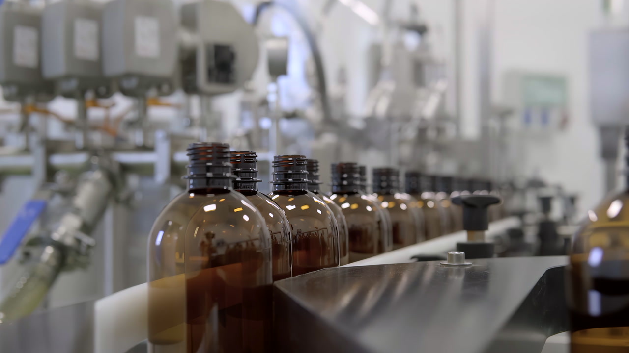 Footage of empty plastic bottles aligned and waiting on a pharmaceutical production line before filling. Containers are precisely positioned in a sterile environment, ready for automated processing.