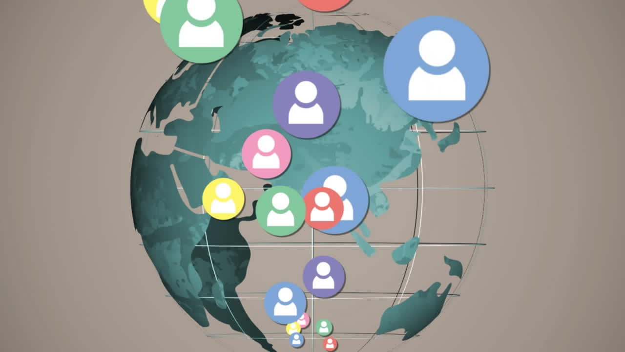 animación de múltiples iconos de perfiles flotando sobre un globo giratorio contra un fondo gris