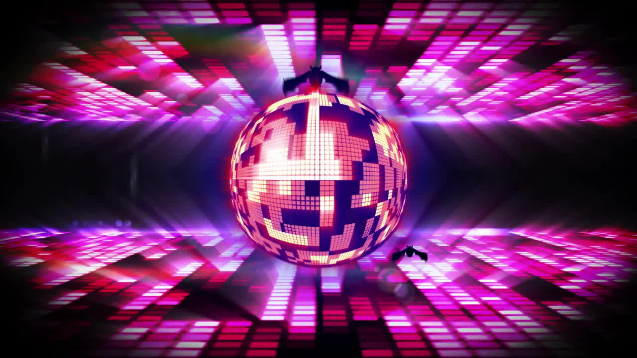 Animating vibrant pink and purple light patterns, glowing disco ball in motion