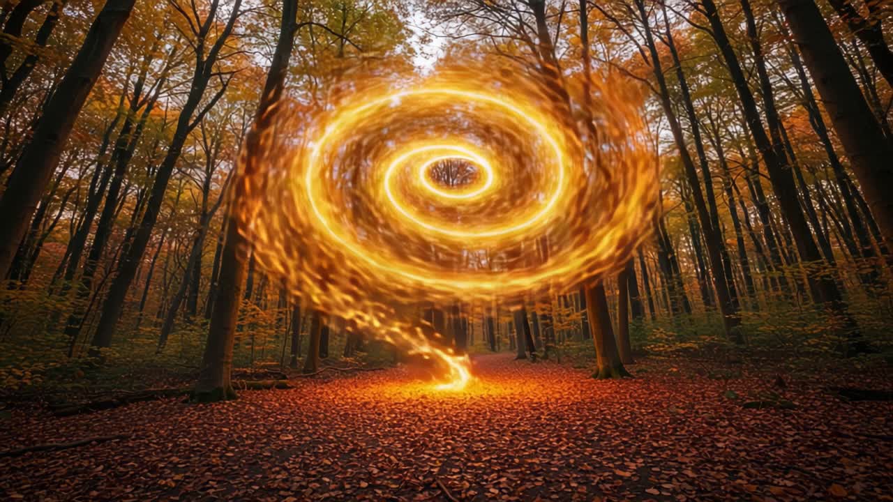 A captivating display of swirling light patterns in a serene autumn forest, showcasing vibrant foliage and an enchanting atmosphere filled with golden hues