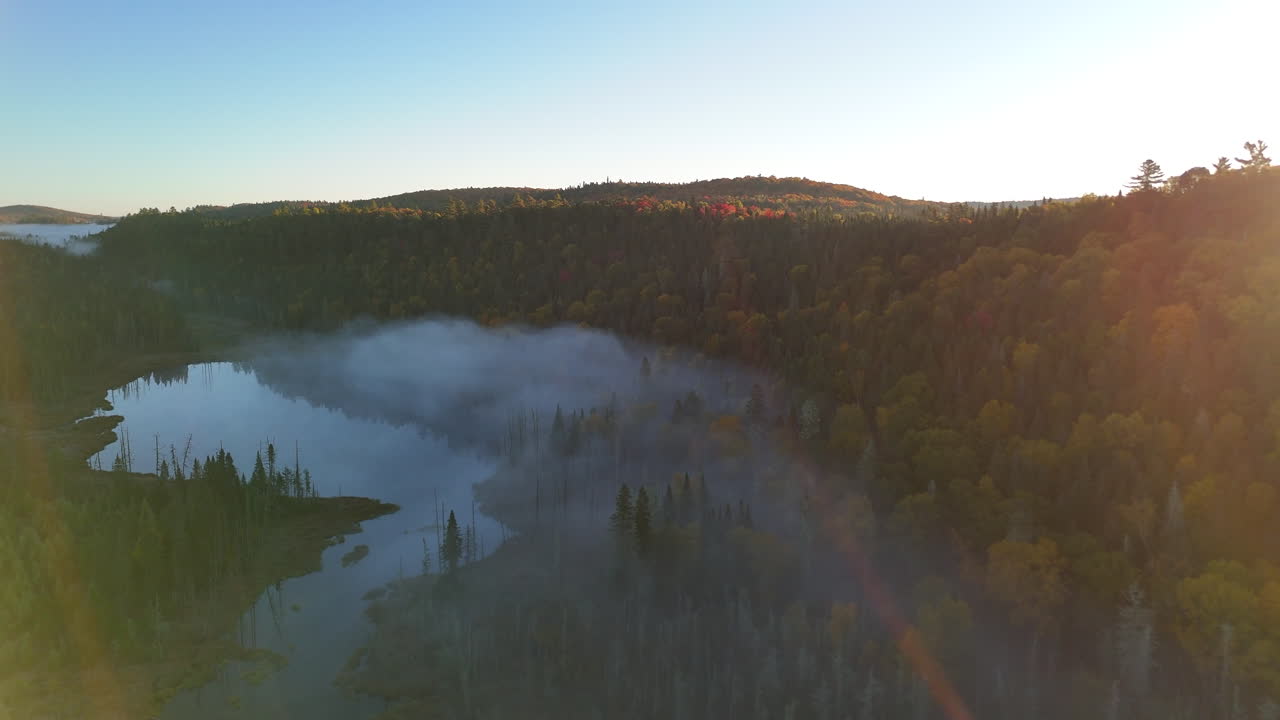Aerial view of autumn forest and mountains in vivid colors with morning fog in Mauricie, Quebec, Canada. Soft sunlight illuminates the colorful foliage over peaceful wilderness