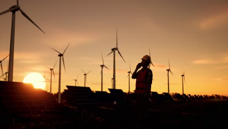 ingeniero en una granja eólica y solar al atardecer