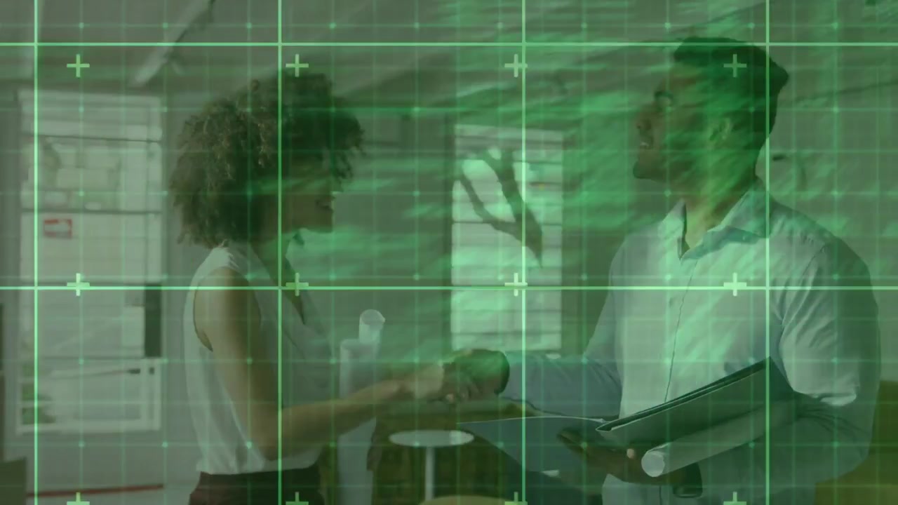 Team doing biz review man opening binder woman pointing sharing sheet as green code overlay pulsing
