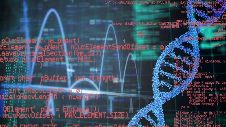 Animation of dna strand over data processing shapes on black background