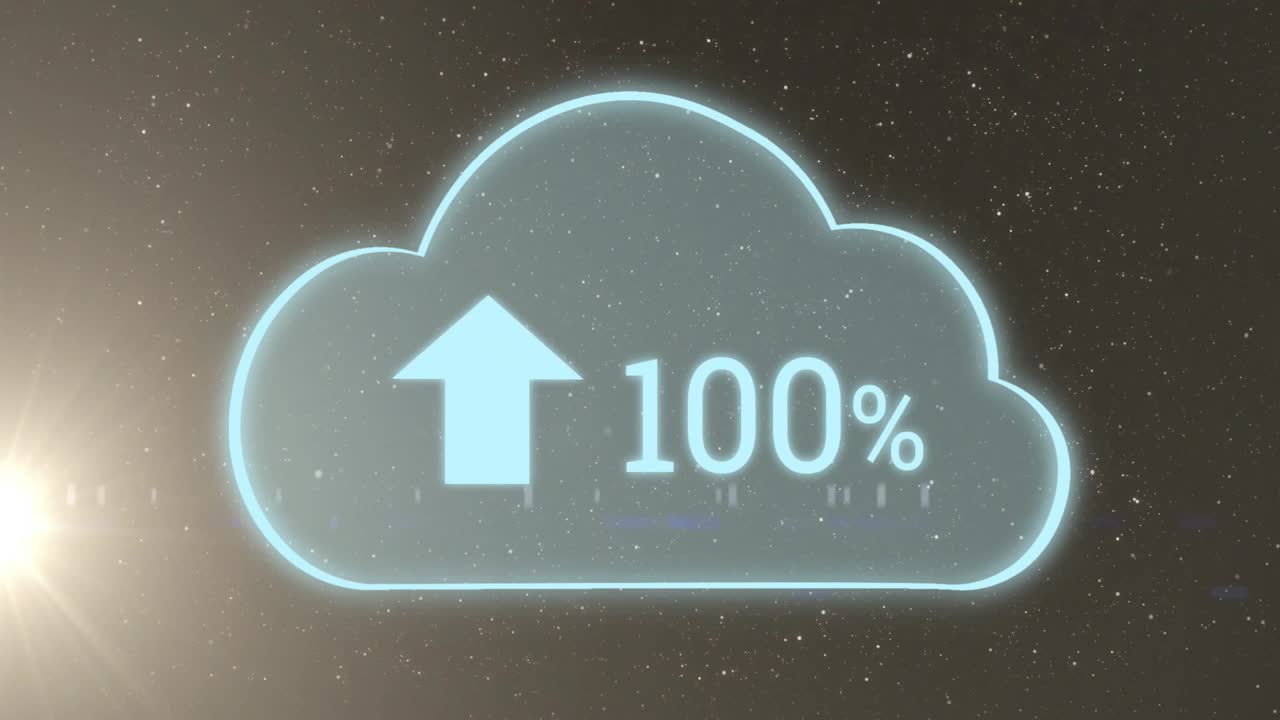 Upon upload start, neon-blue cloud icon raising percentage from 6% to 100% indicating completion
