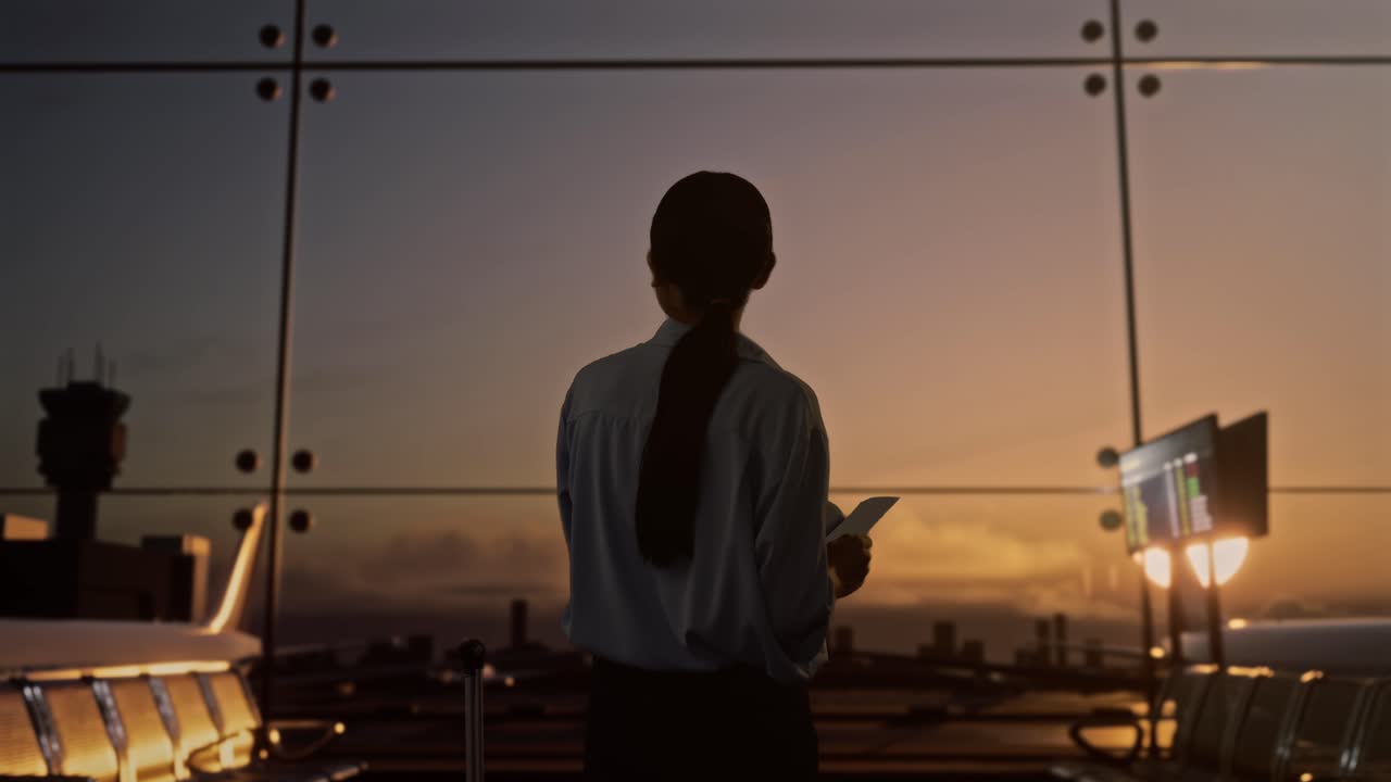 vista trasera de una mujer asiática con una maleta rodante en la sala de embarque del centro de la aerolínea, esperando el vuelo mira el billete, la terminal del aeropuerto con el avión despegue fuera de la ventana