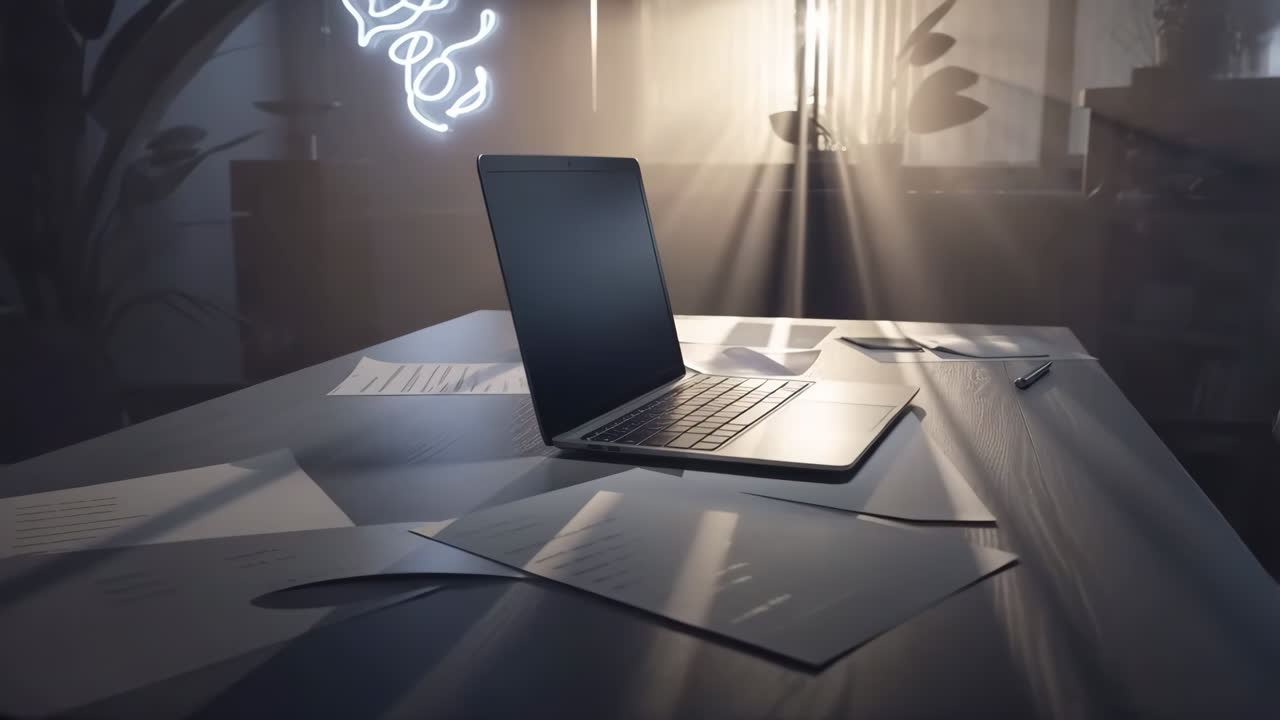 Sunlit Modern Workspace with Laptop and Papers