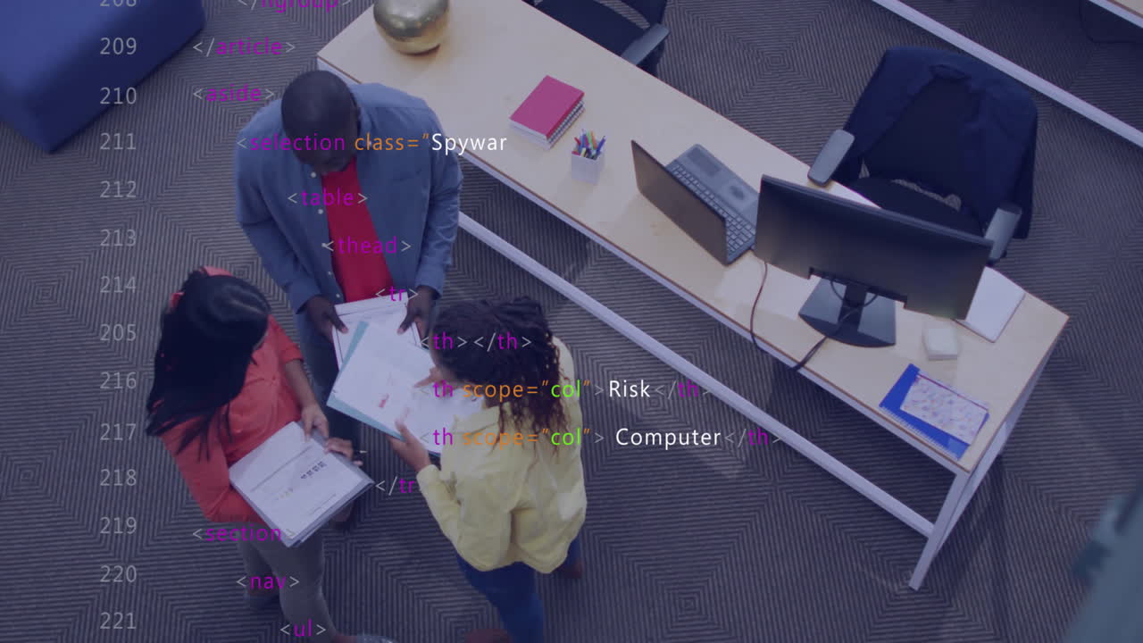 Animation of digital data processing over diverse business people in office