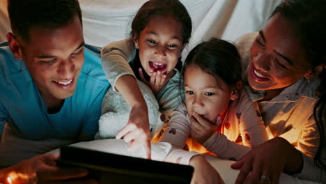 Night,-bedroom-and-family-with-a-tablet