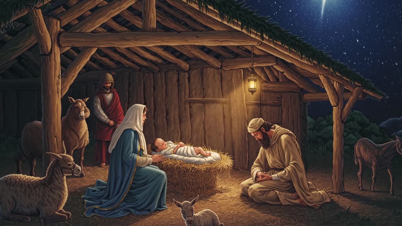 A serene nativity scene with a low-angle view, capturing the holy family and animals under a starlit